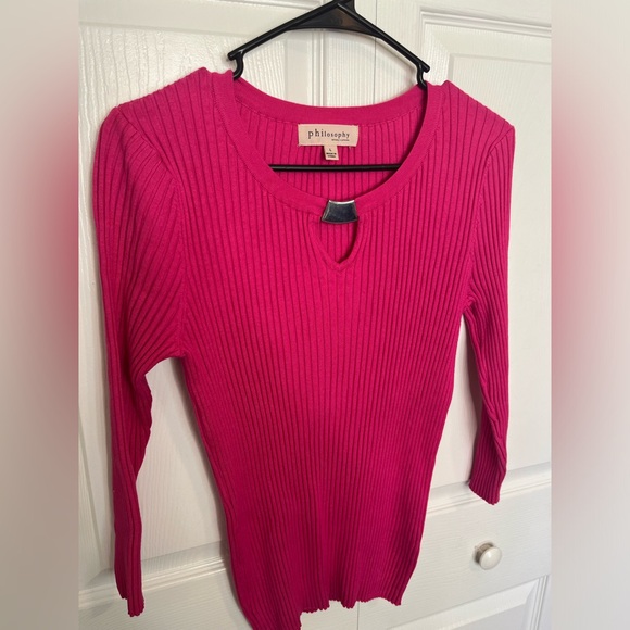 Philosophy Pink Ribbed L Silver Detail Long Sleeve Sweater Stretch - Picture 2 of 4